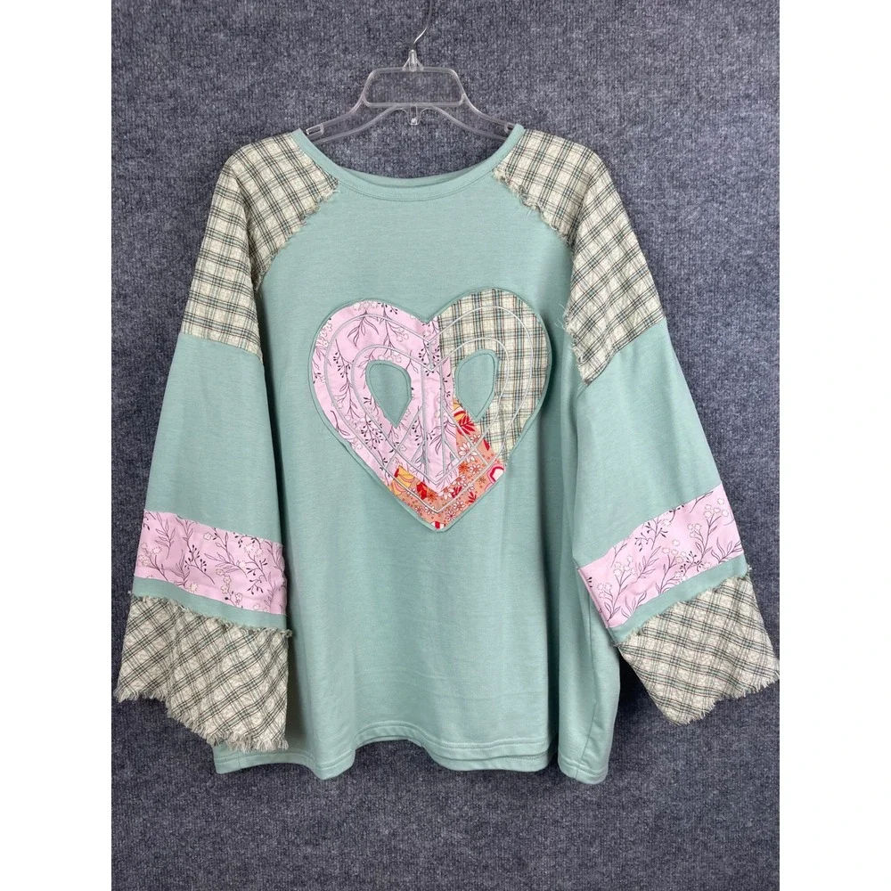 Patchwork Heart Top Women's 2XL Green Excellent Peace Sign Boho Plaid - Picture 3 of 10